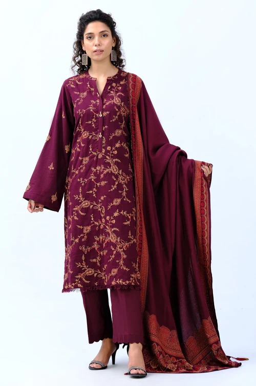 Stitched 3 Piece Embroidered Khaddar with Jacquard Shawl